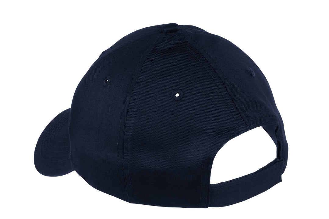 Rear View of Navy Port & Company Youth Six-Panel Twill Cap. YCP80