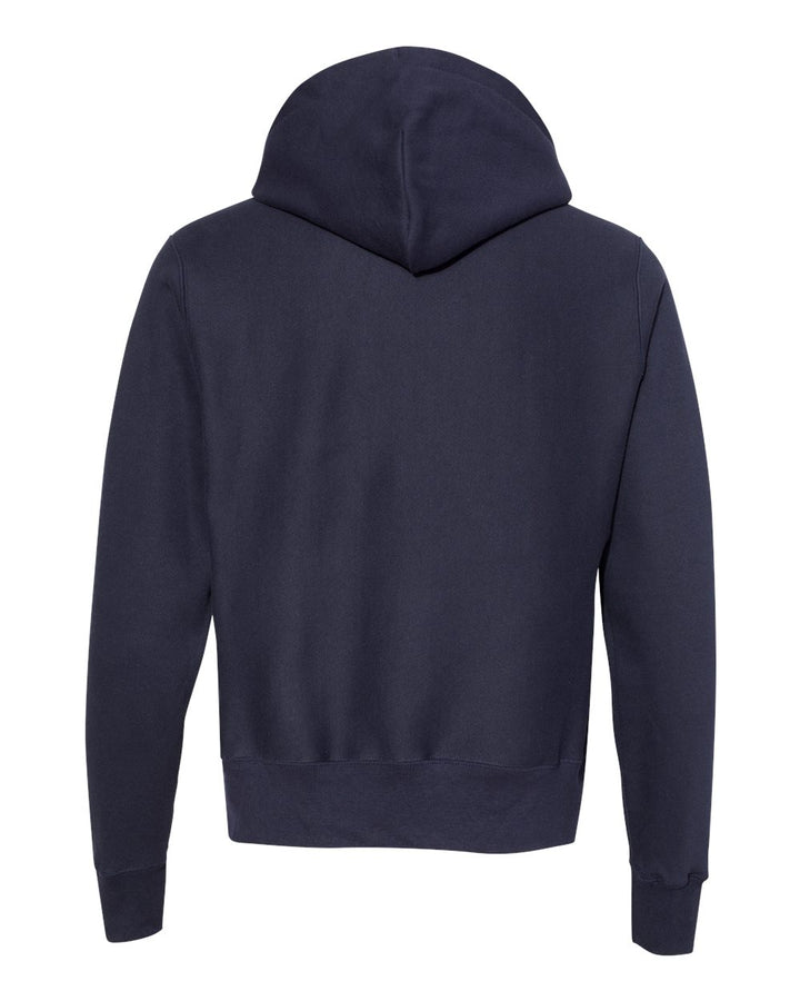 Rear View of Navy Reverse Weave® Hooded Sweatshirt - S101