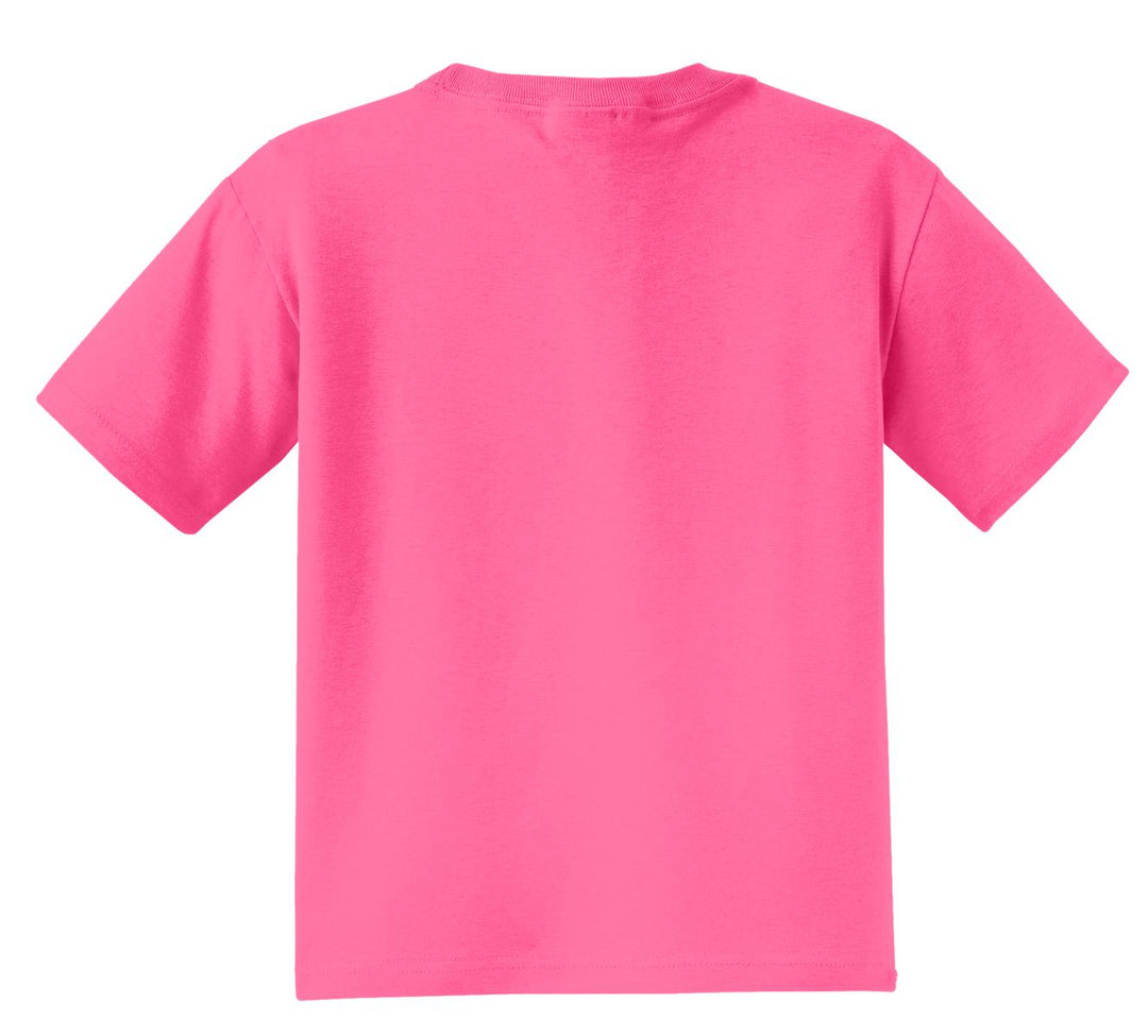 Rear View of Neon Pink Jerzees - Youth Dri-Power 50/50 Cotton/Poly T-Shirt. 29B