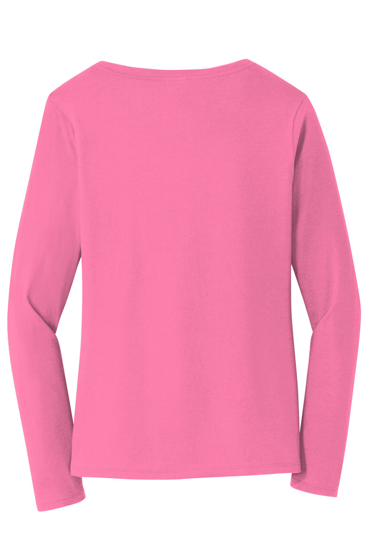 Rear View of New Pink Port & Company Women's Long Sleeve Fan Favorite V-Neck Tee. LPC450VLS