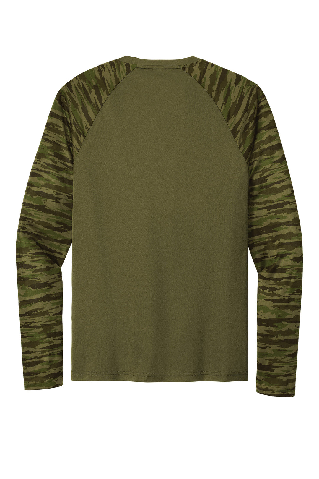 Rear View of OlvDrabGn Sport-Tek Drift Camo Colorblock Long Sleeve Tee ST376LS