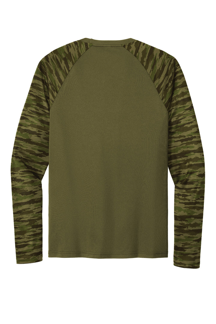Rear View of OlvDrabGn Sport-Tek Drift Camo Colorblock Long Sleeve Tee ST376LS