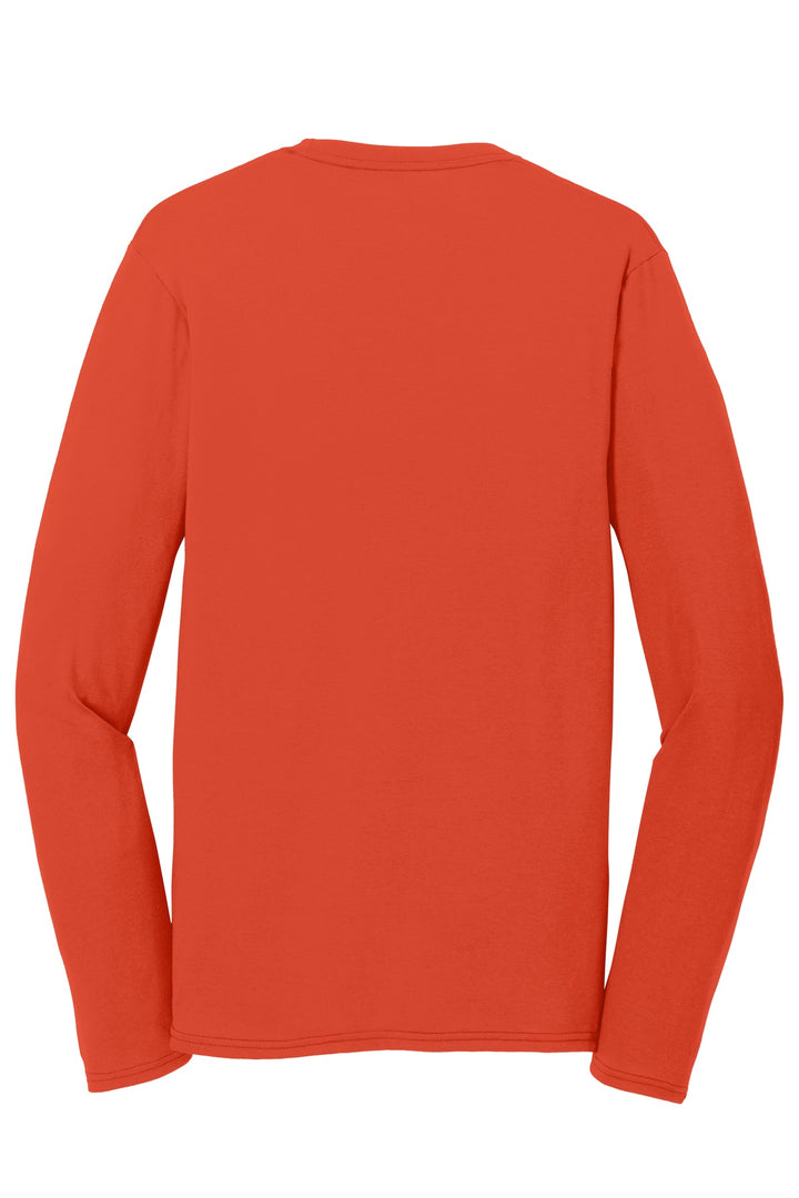 Rear View of Orange Port & Company Long Sleeve Performance Blend Tee. PC381LS