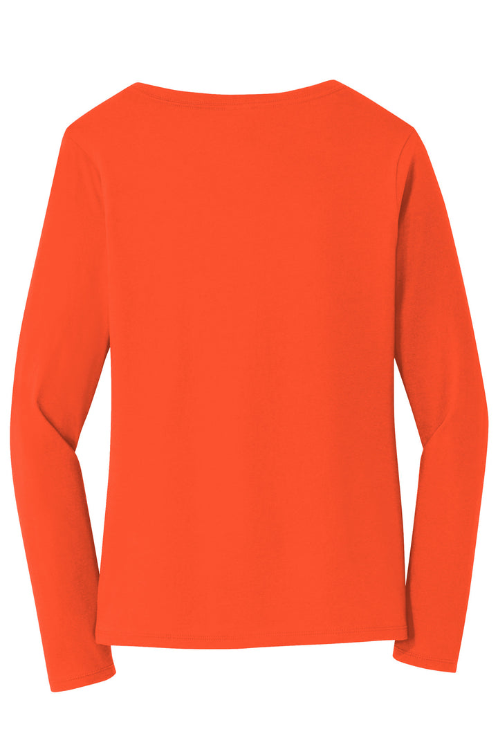 Rear View of Orange Port & Company Women's Long Sleeve Fan Favorite V-Neck Tee. LPC450VLS