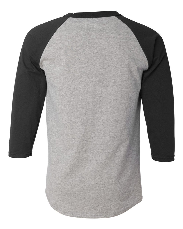 Rear View of Oxford Grey/ Black Raglan Sleeve Baseball T-Shirt - T137