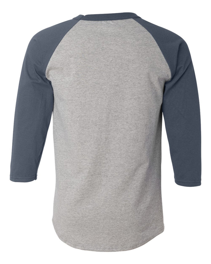 Rear View of Oxford Grey/ Navy Raglan Sleeve Baseball T-Shirt - T137