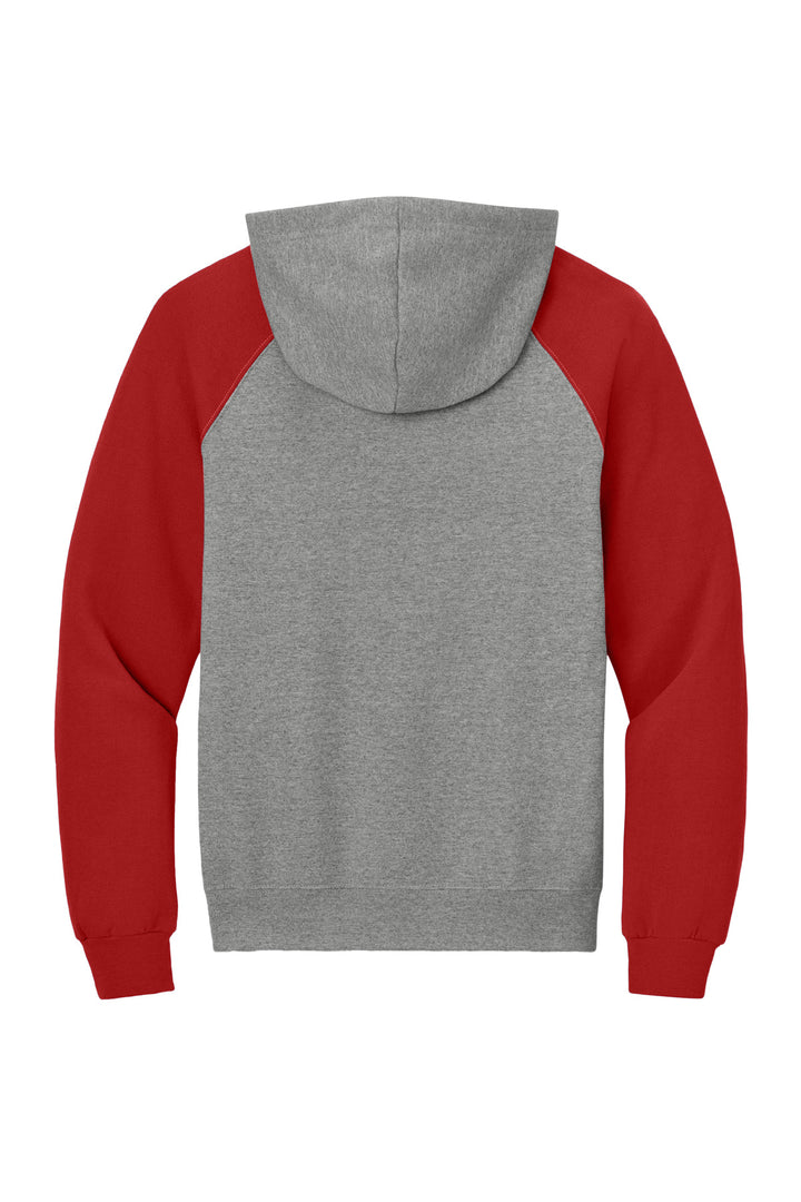 Rear View of Ox/TrueRed Jerzees Unisex NuBlend Colorblock Raglan Hoodie Sweatshirt 96C