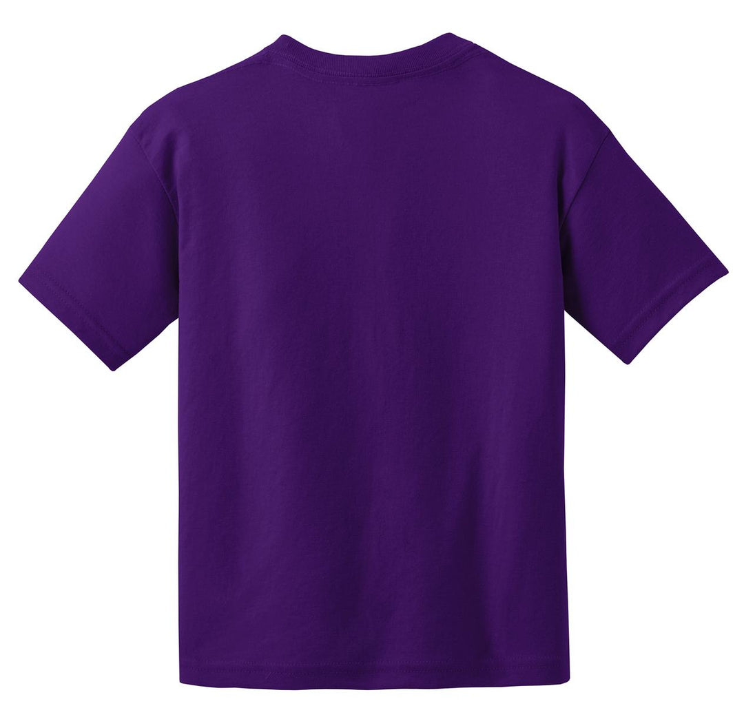Rear View of Purple Gildan Youth DryBlend 50 Cotton/50 Poly T-Shirt. 8000B