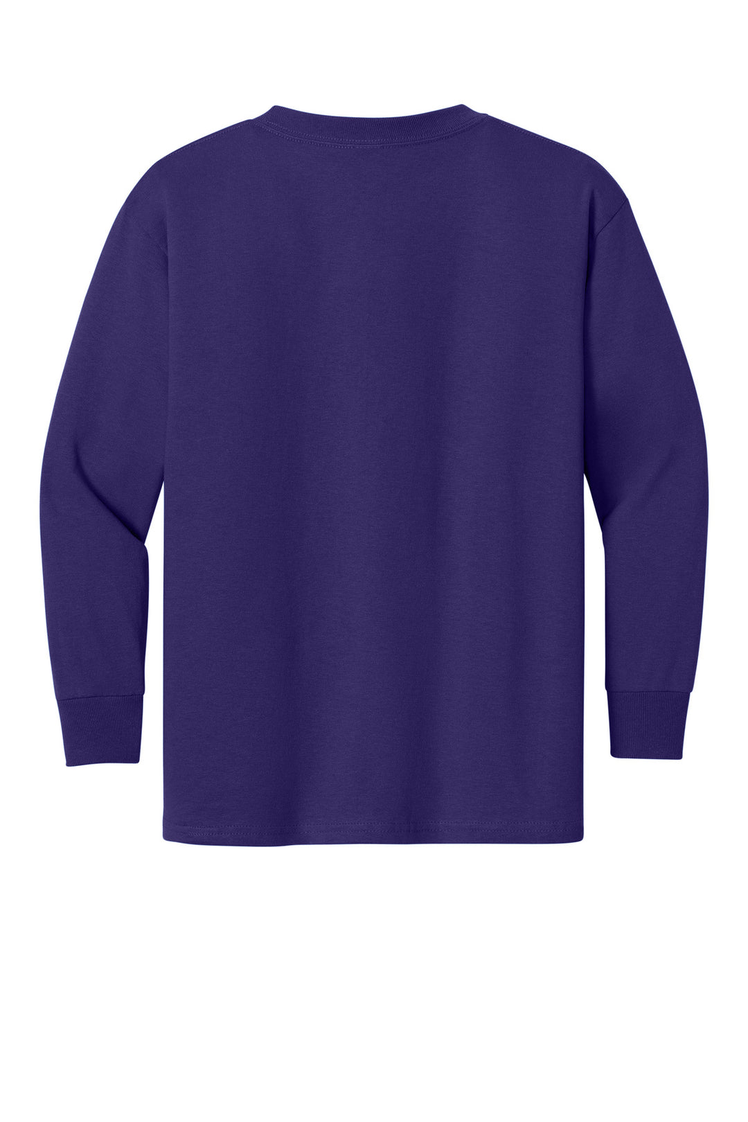 Rear View of Purple Gildan Youth Heavy Cotton 100% Cotton Long Sleeve T-Shirt. 5400B
