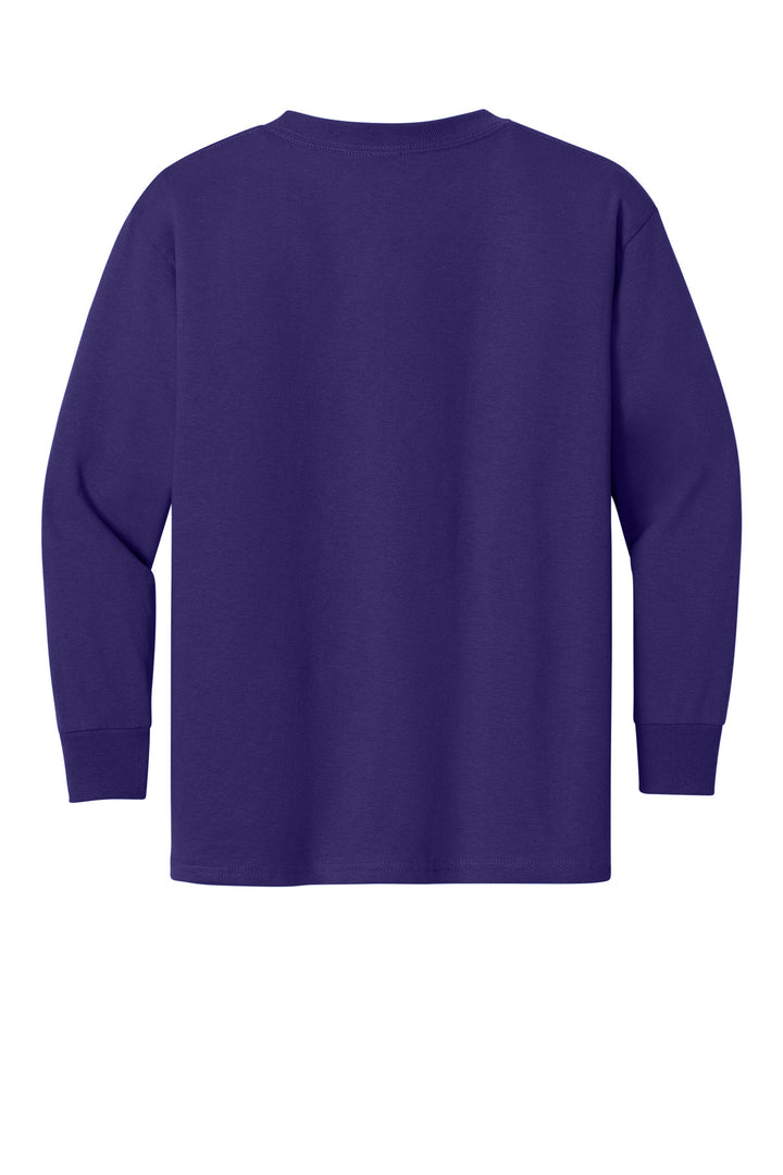 Rear View of Purple Gildan Youth Heavy Cotton 100% Cotton Long Sleeve T-Shirt. 5400B