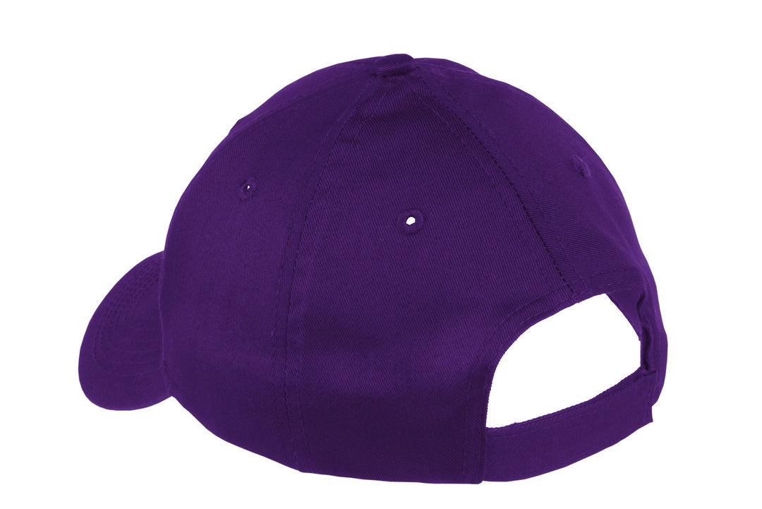 Rear View of Purple Port & Company Youth Six-Panel Twill Cap. YCP80