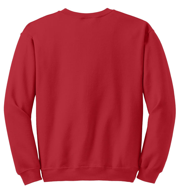 Rear View of Red Gildan Heavy Blend Crewneck Sweatshirt. 18000