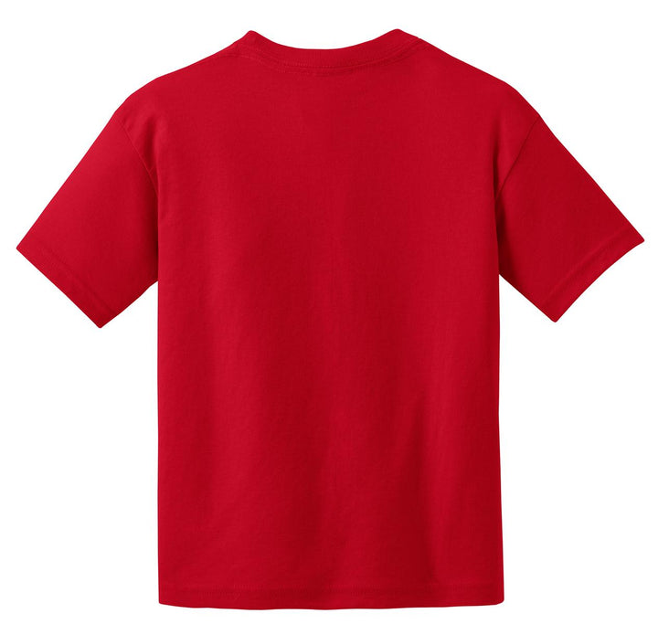 Rear View of Red Gildan Youth DryBlend 50 Cotton/50 Poly T-Shirt. 8000B