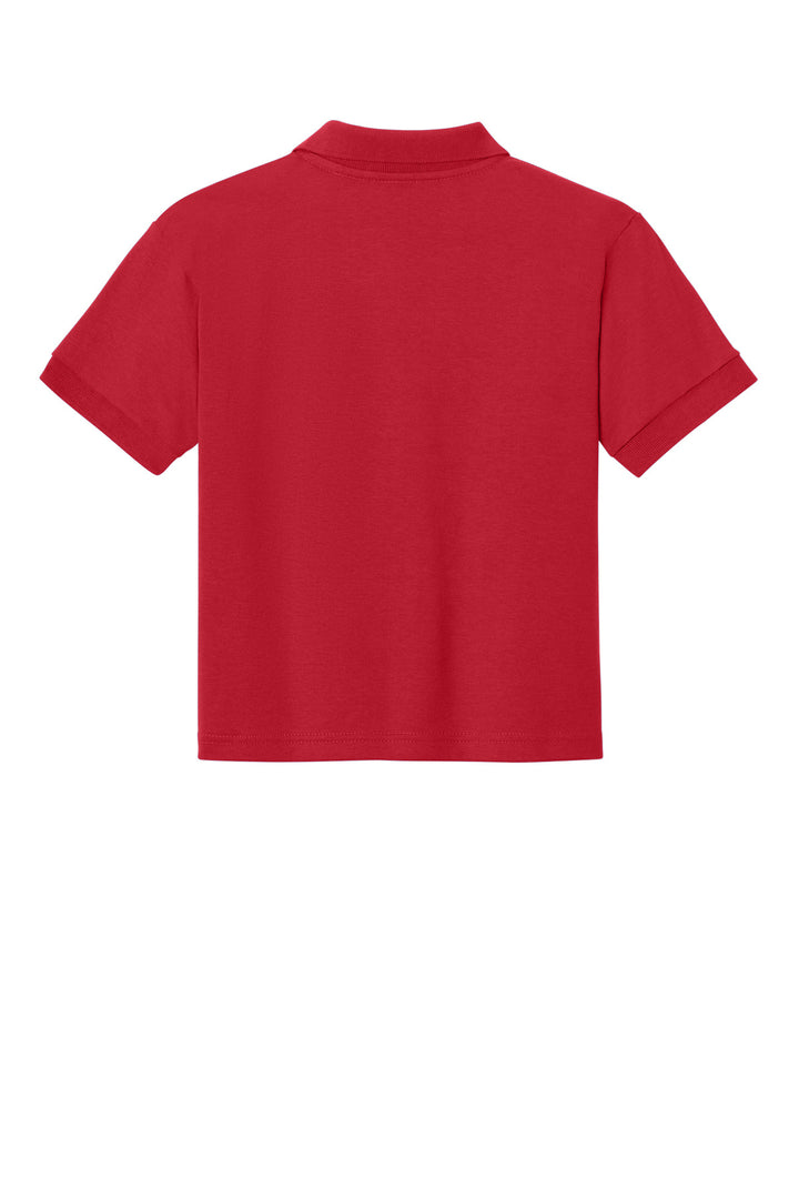 Rear View of Red Gildan Youth DryBlend 6-Ounce Jersey Knit Sport Shirt. 8800B