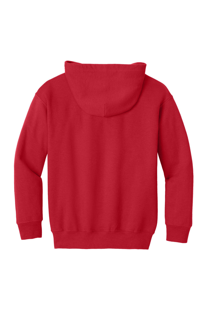 Rear View of Red Gildan Youth Heavy Blend Full-Zip Hooded Sweatshirt. 18600B