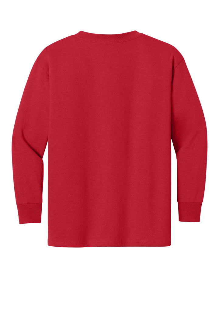 Rear View of Red Gildan Youth Heavy Cotton 100% Cotton Long Sleeve T-Shirt. 5400B