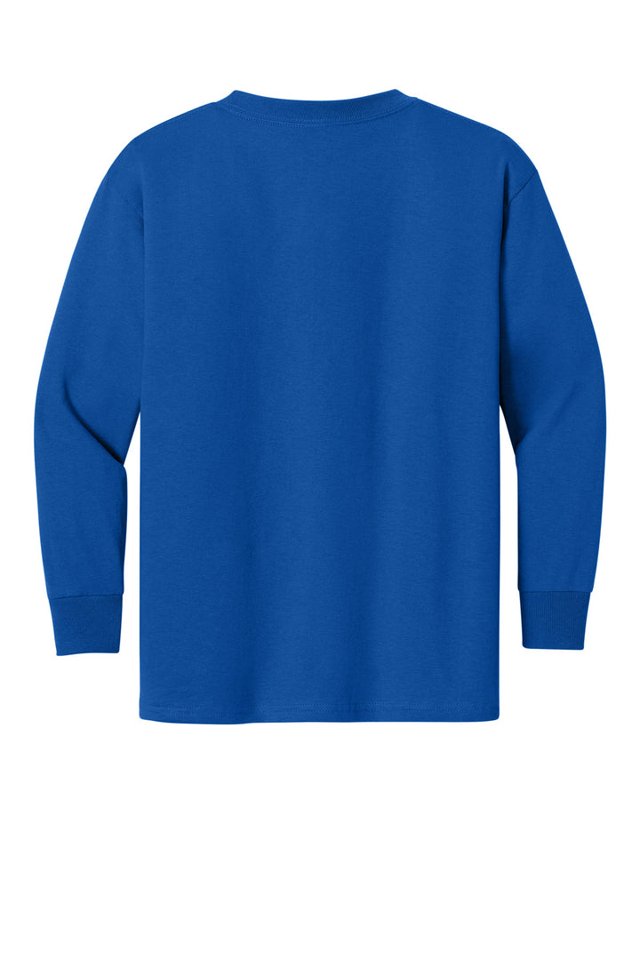Rear View of Royal Gildan Youth Heavy Cotton 100% Cotton Long Sleeve T-Shirt. 5400B