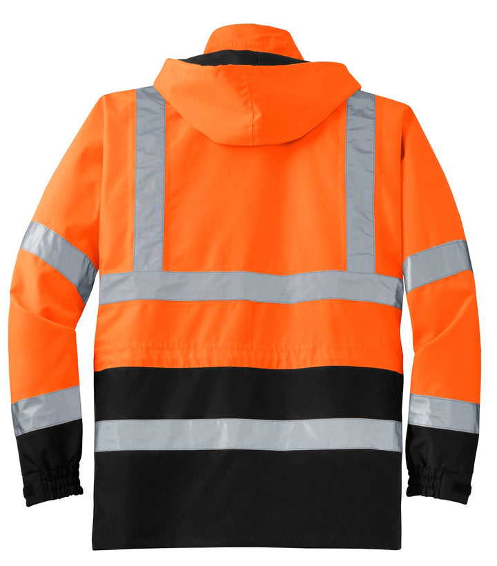 Rear View of Safety Orange CornerStone - ANSI 107 Class 3 Waterproof Parka. CSJ24