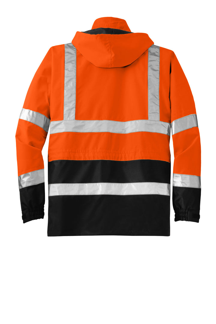 Rear View of Safety Orange CornerStone - ANSI 107 Class 3 Waterproof Parka. CSJ24