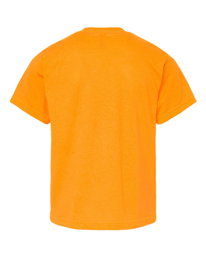 Rear View of Safety Orange Youth Gold Soft Touch T-Shirt - 4850