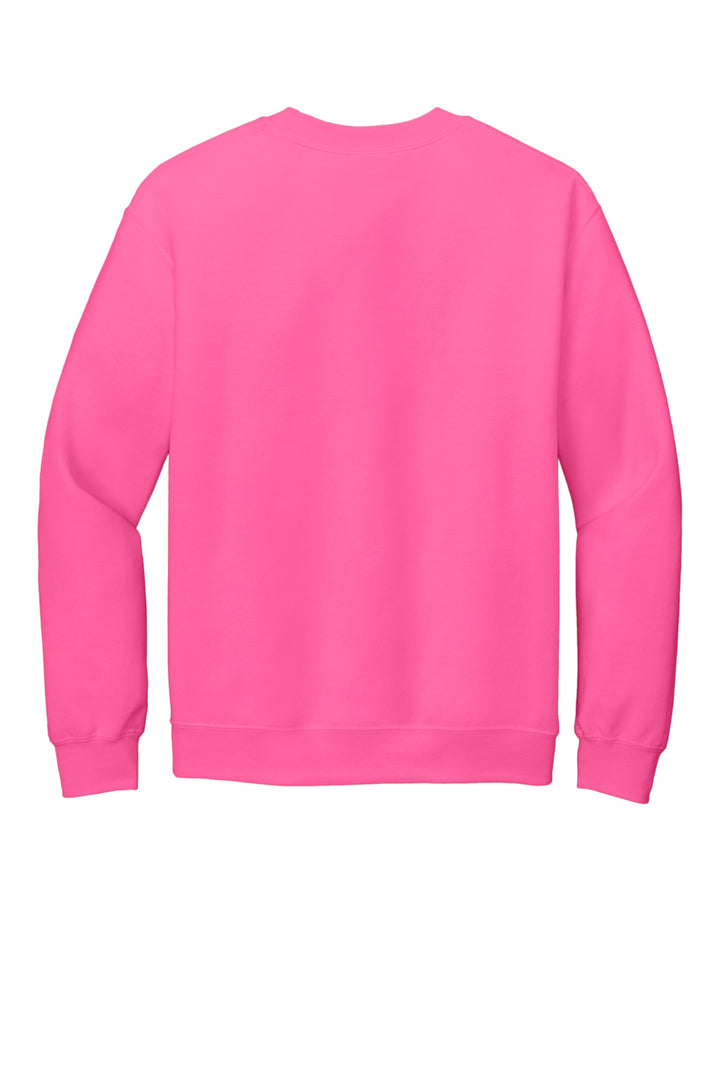 Rear View of Safety Pink Gildan Heavy Blend Crewneck Sweatshirt. 18000