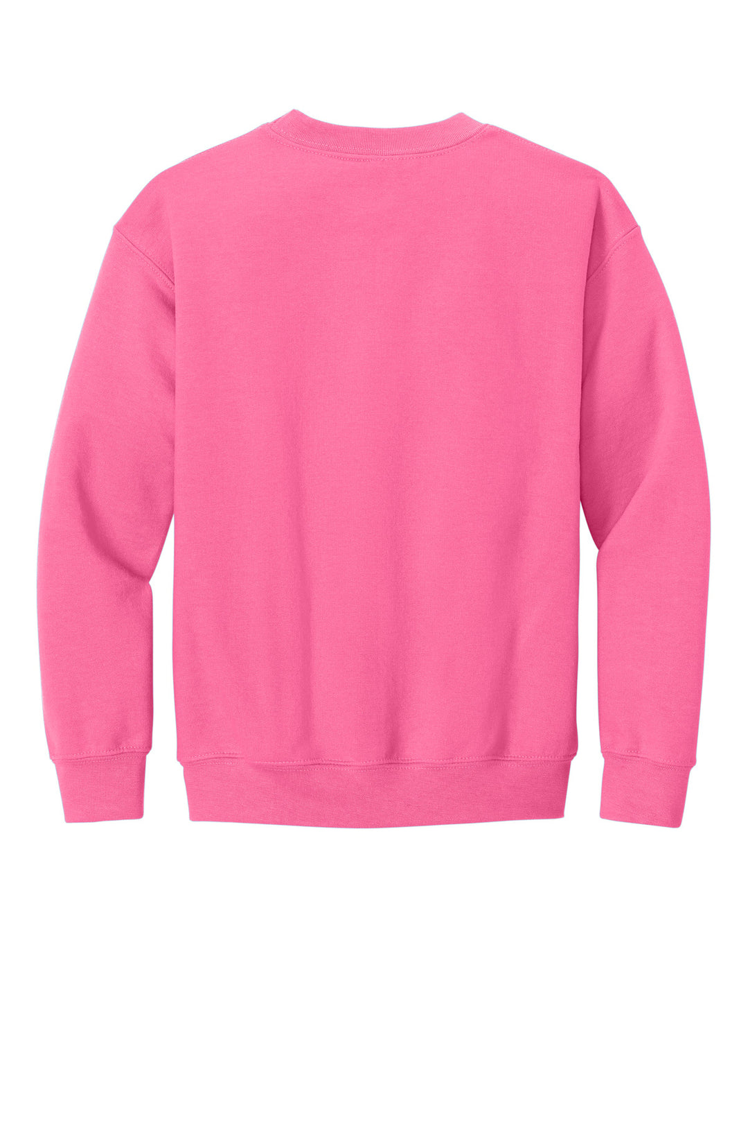 Rear View of SafetyPink Gildan Youth Heavy Blend Crewneck Sweatshirt. 18000B