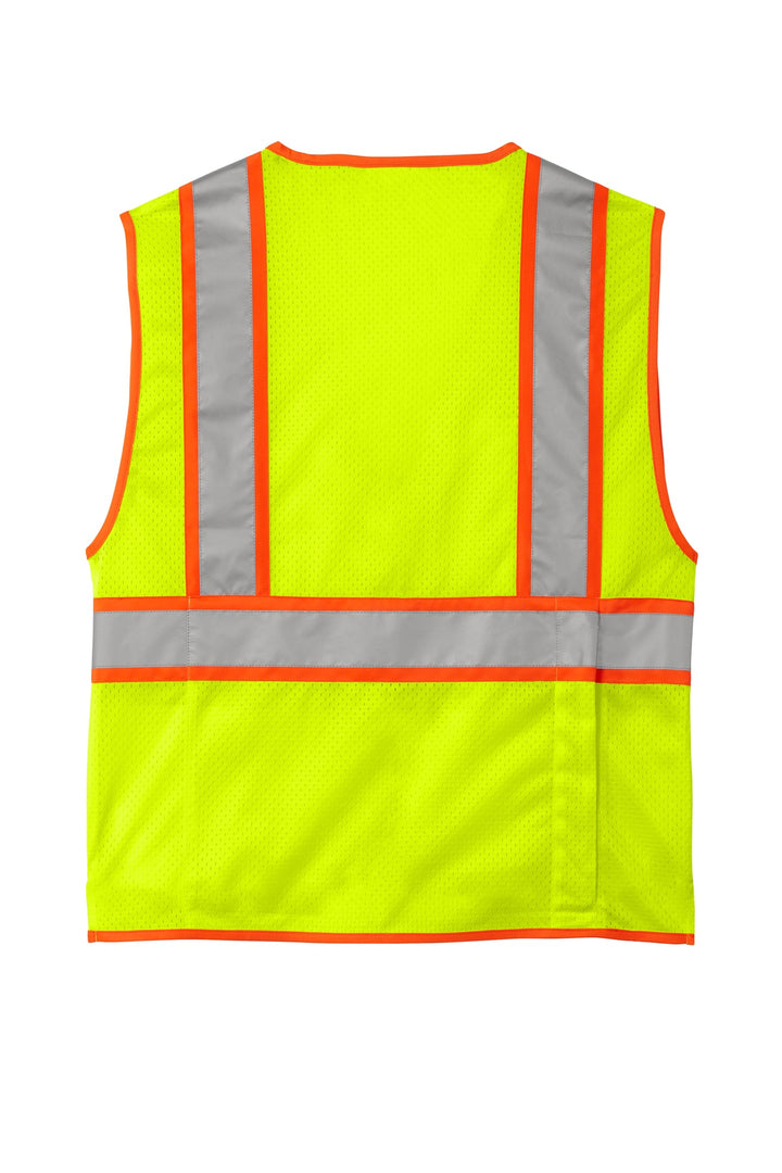 Rear View of SftyYellow CornerStone ANSI 107 Class 2 Surveyor Zippered Two-Tone Vest. CSV105