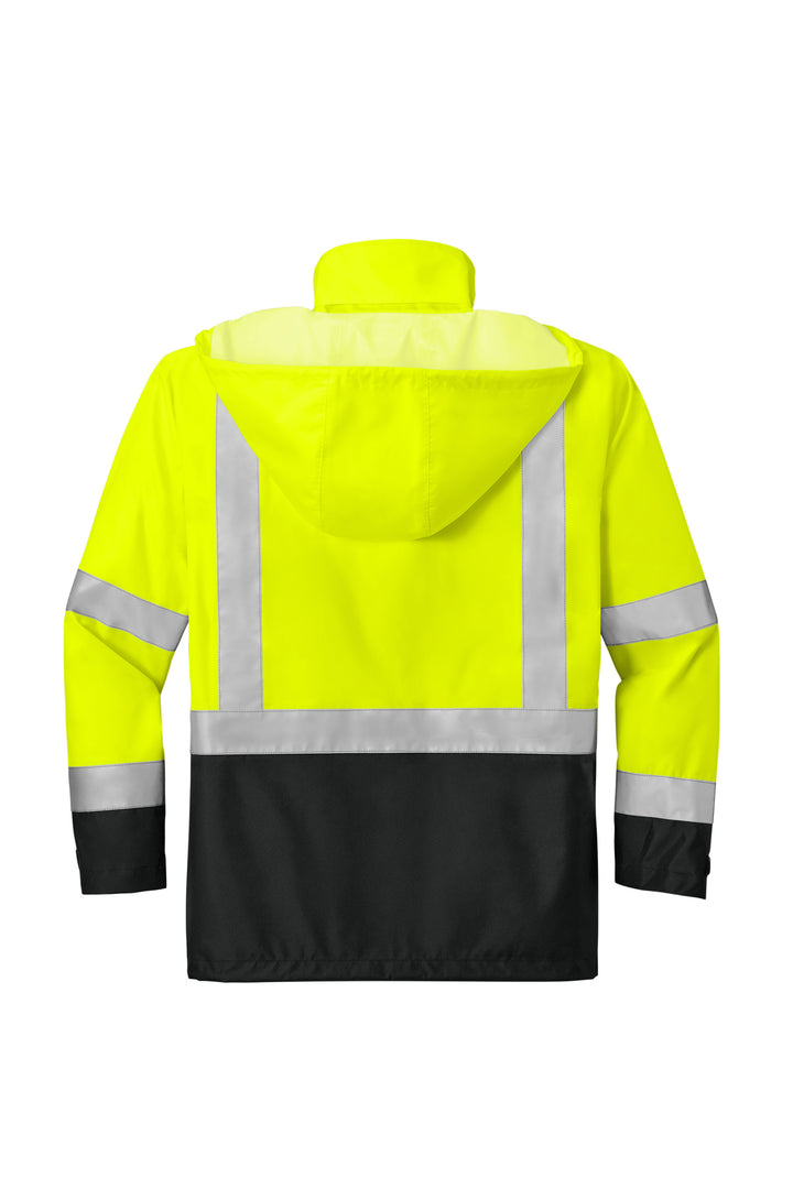 Rear View of SftyYl/Blk CornerStone ANSI 107 Class 3 Rain Jacket CSJ504