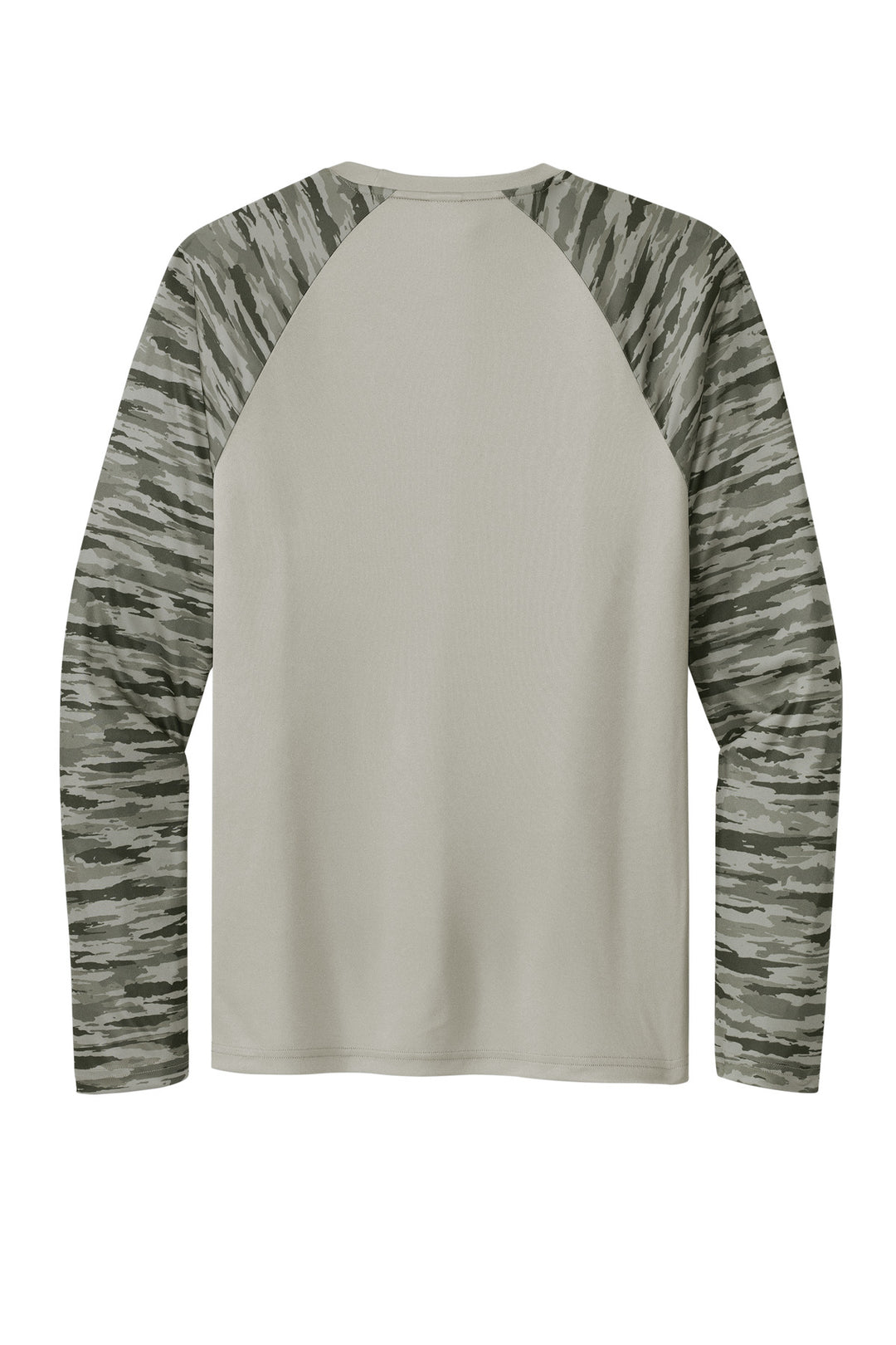 Rear View of Silver Sport-Tek Drift Camo Colorblock Long Sleeve Tee ST376LS