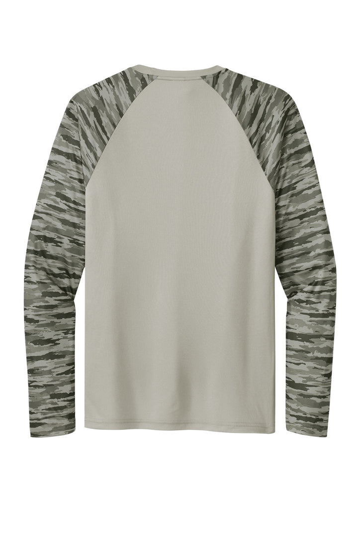 Rear View of Silver Sport-Tek Drift Camo Colorblock Long Sleeve Tee ST376LS
