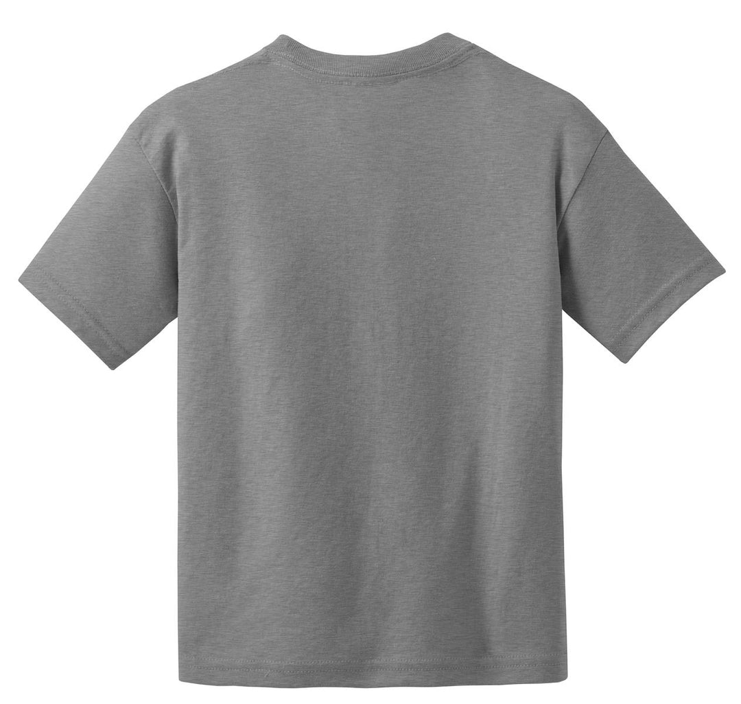 Rear View of Sport Grey Gildan Youth DryBlend 50 Cotton/50 Poly T-Shirt. 8000B