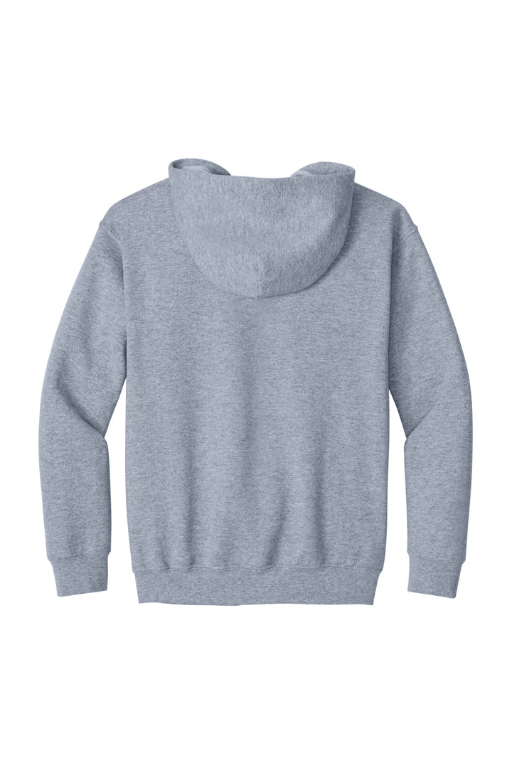 Rear View of Sport Grey Gildan Youth Heavy Blend Full-Zip Hooded Sweatshirt. 18600B