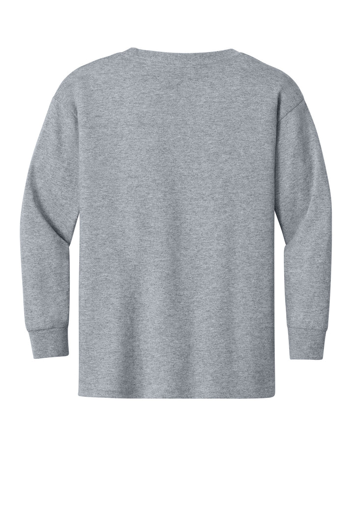 Rear View of Sport Grey Gildan Youth Heavy Cotton 100% Cotton Long Sleeve T-Shirt. 5400B