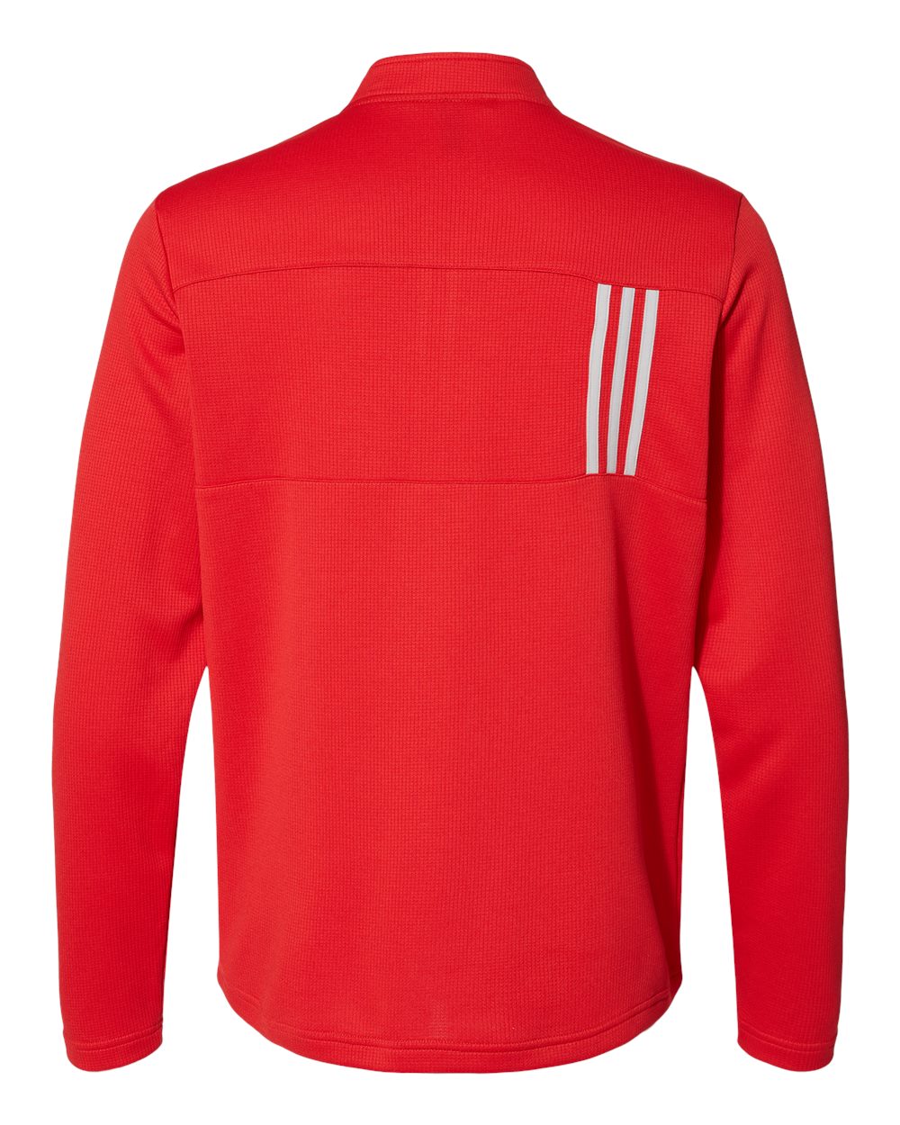 Rear View of Team Collegiate Red/ Grey Two 3-Stripes Double Knit Quarter-Zip Pullover - A482