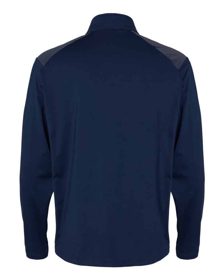 Rear View of Team Navy Blue Shoulder Stripe Quarter-Zip Pullover - A520