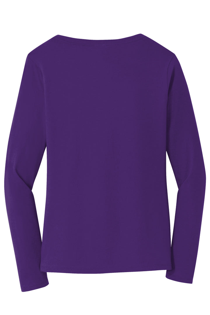 Rear View of Team Purple Port & Company Women's Long Sleeve Fan Favorite V-Neck Tee. LPC450VLS