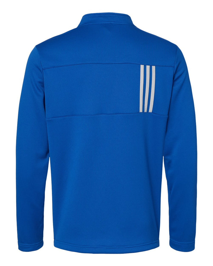 Rear View of Team Royal/ Grey Two 3-Stripes Double Knit Quarter-Zip Pullover - A482