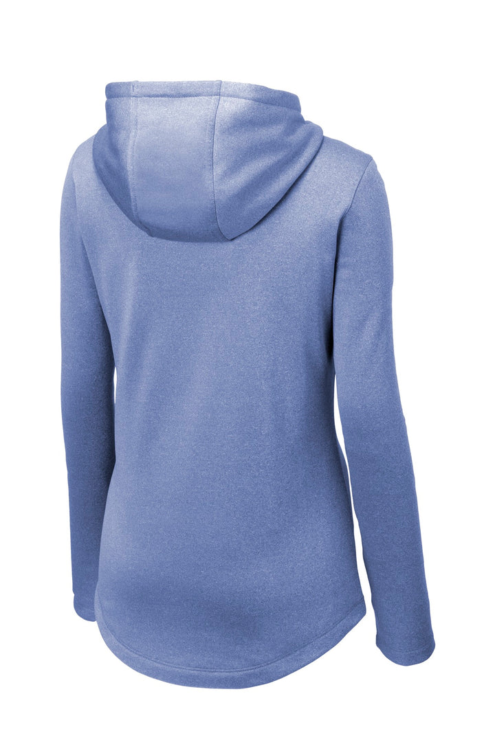 Rear View of True Royal Hth Sport-Tek Women's PosiCharge Sport-Wick Heather Fleece Hooded Pullover. LST264