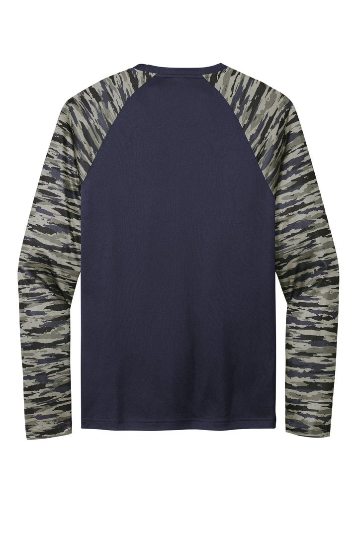 Rear View of TrueNavy Sport-Tek Drift Camo Colorblock Long Sleeve Tee ST376LS