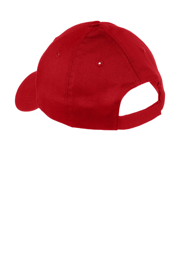 Rear View of TrueRed Port & Company Youth Six-Panel Twill Cap. YCP80