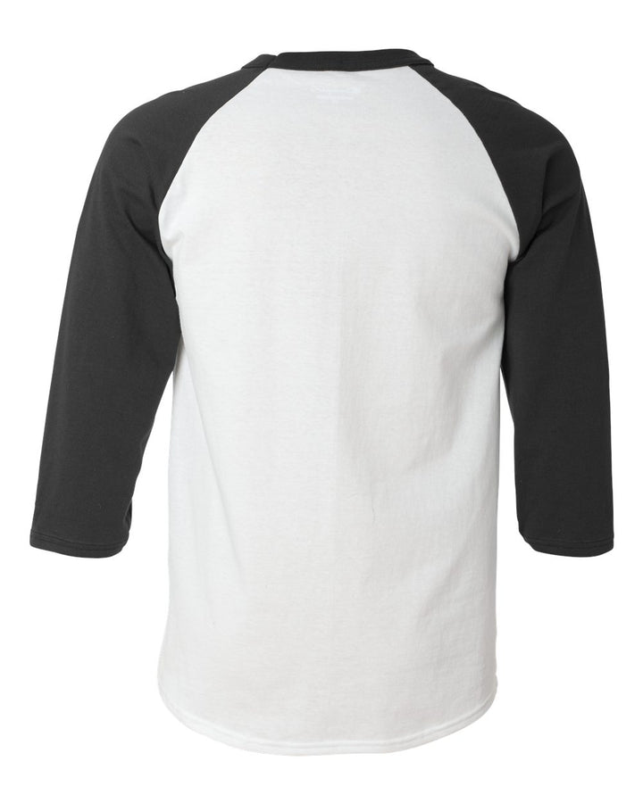 Rear View of White/ Black Raglan Sleeve Baseball T-Shirt - T137