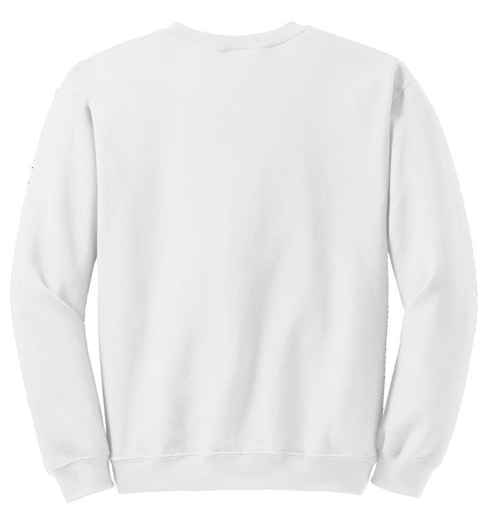Rear View of White Gildan Heavy Blend Crewneck Sweatshirt. 18000