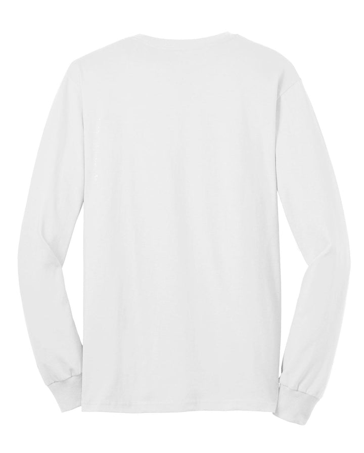 Rear View of White Gildan - Ultra Cotton 100% US Cotton Long Sleeve T-Shirt with Pocket. 2410