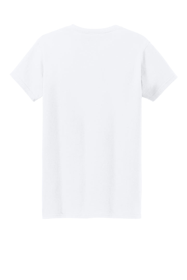 Rear View of White Gildan Women's Heavy Cotton 100% Cotton T-Shirt. 5000L