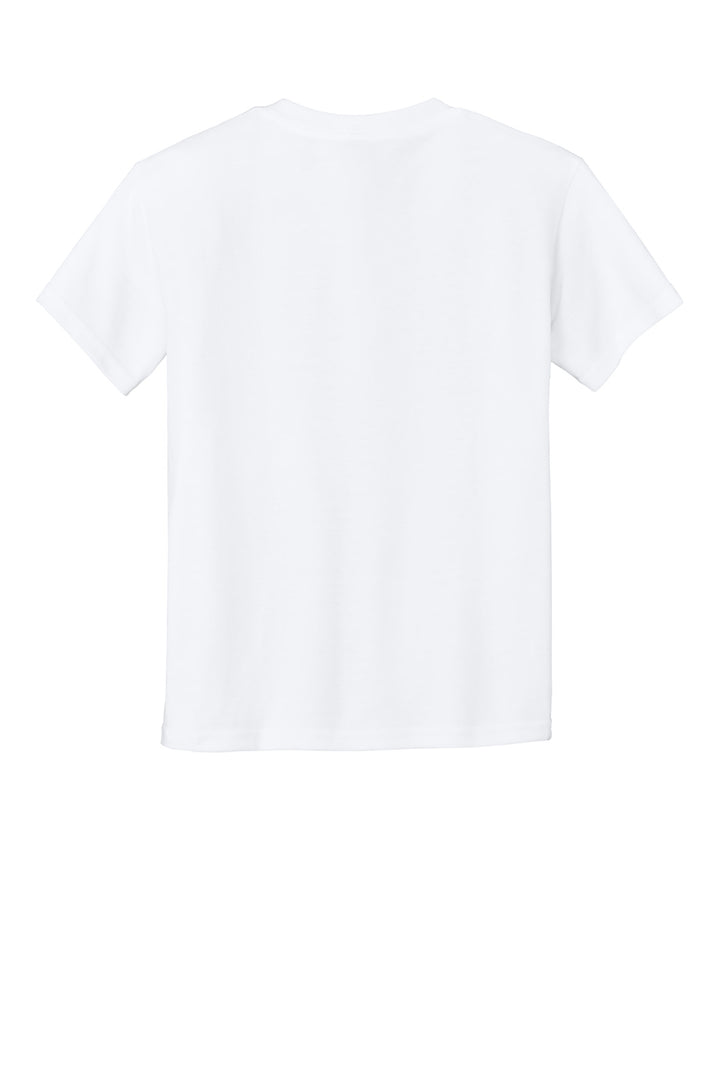 Rear View of White Gildan Youth DryBlend 50 Cotton/50 Poly T-Shirt. 8000B