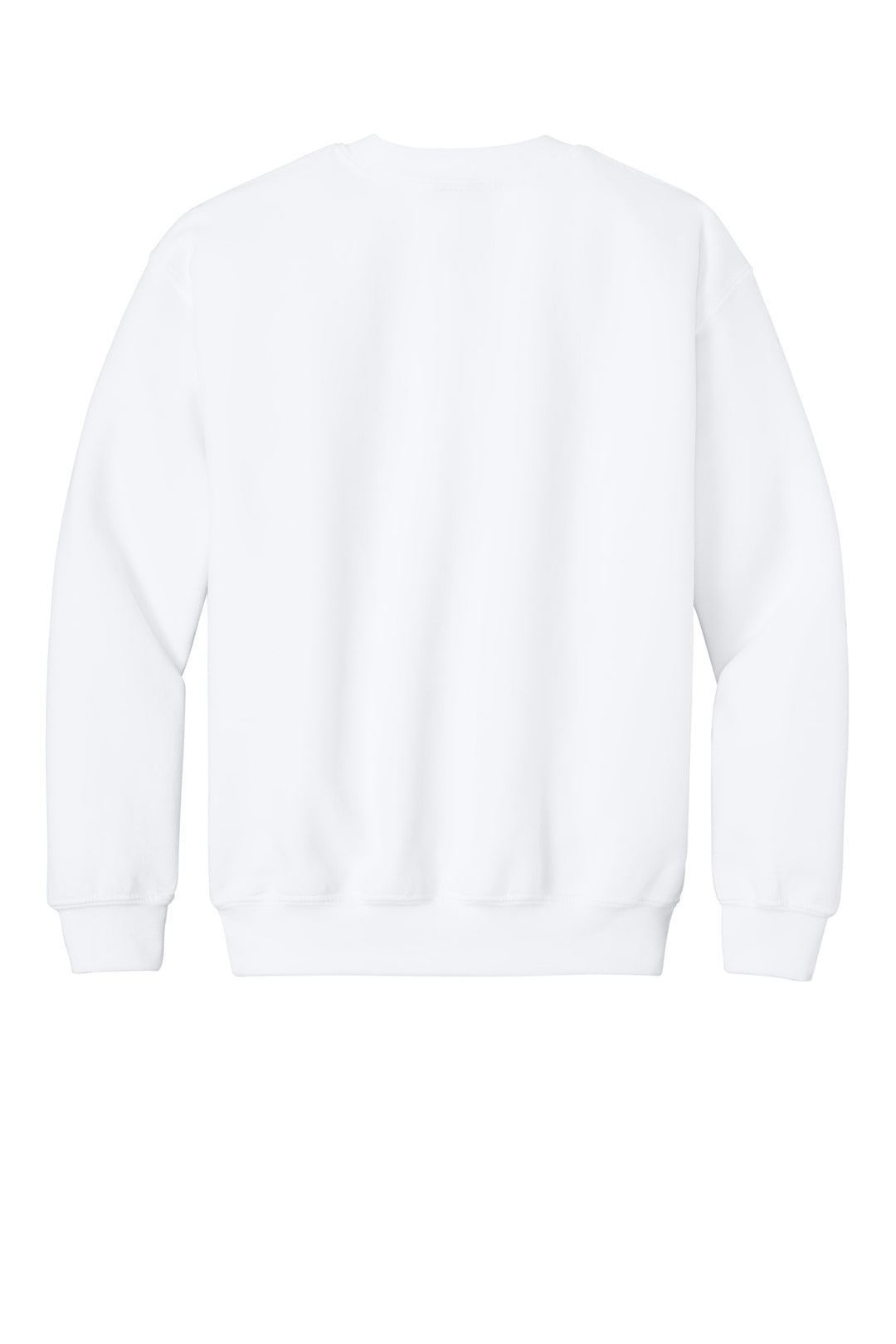 Rear View of White Gildan Youth Heavy Blend Crewneck Sweatshirt. 18000B