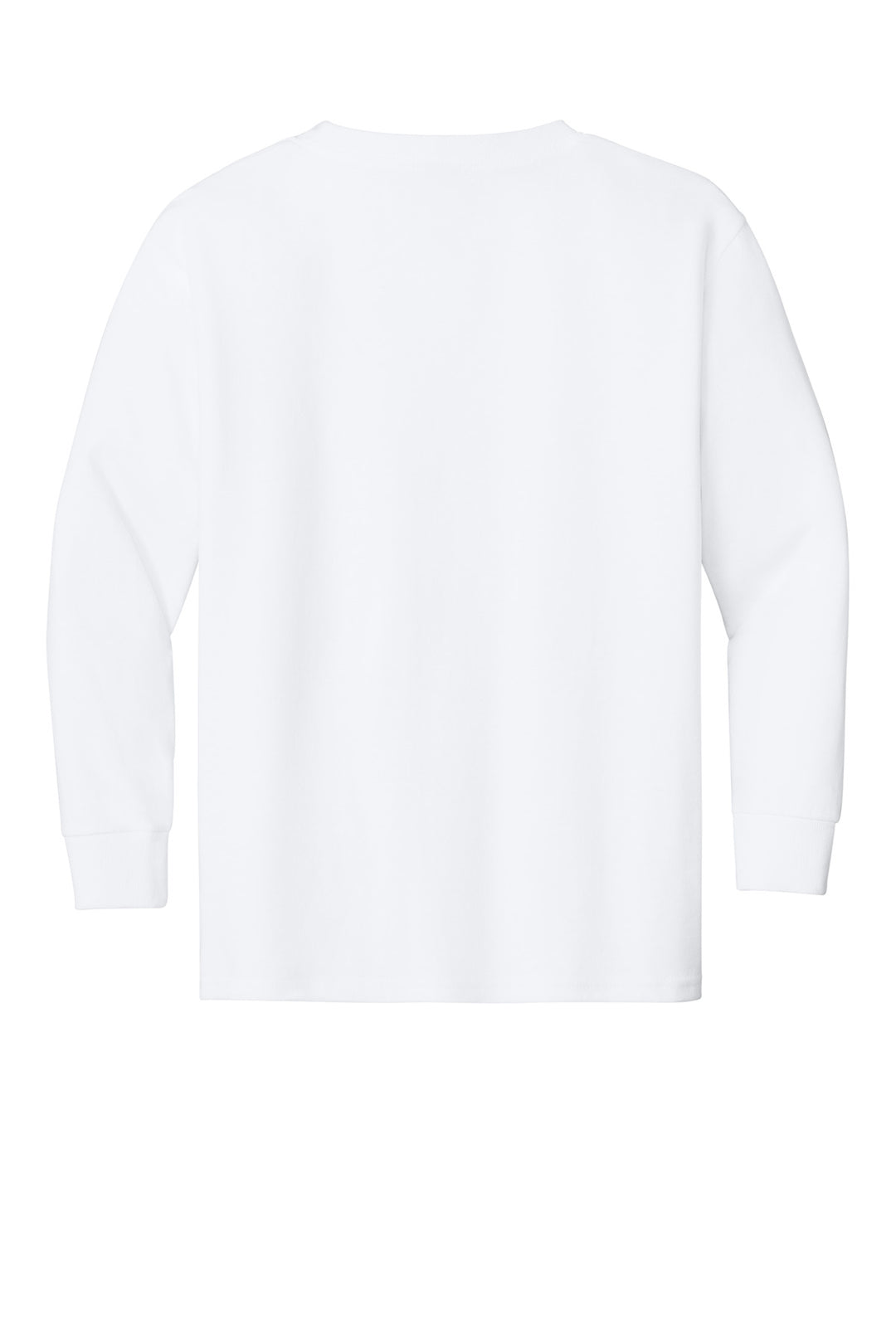 Rear View of White Gildan Youth Heavy Cotton 100% Cotton Long Sleeve T-Shirt. 5400B