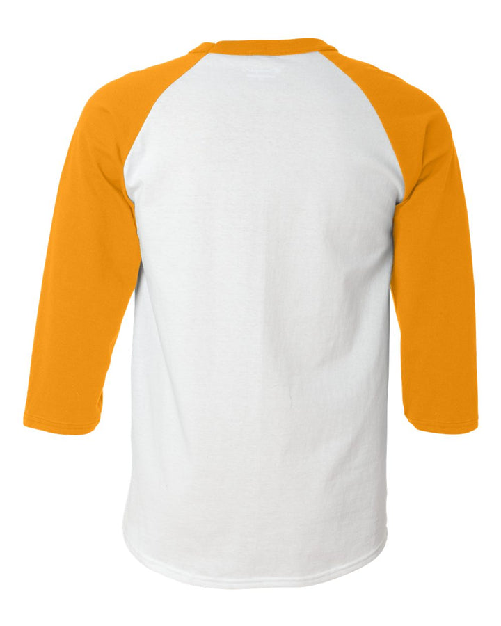 Rear View of White/ Gold Raglan Sleeve Baseball T-Shirt - T137