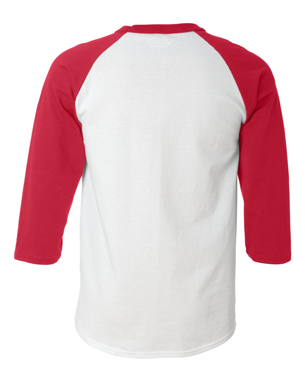 Rear View of White/ Scarlet Raglan Sleeve Baseball T-Shirt - T137