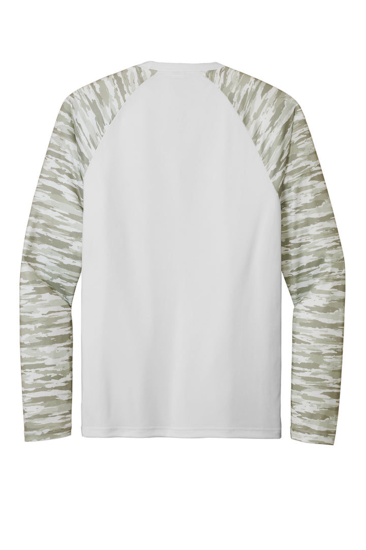 Rear View of White Sport-Tek Drift Camo Colorblock Long Sleeve Tee ST376LS